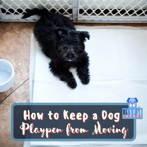 a puppy in a playpen with the caption How to Keep a Dog Playpen from Moving