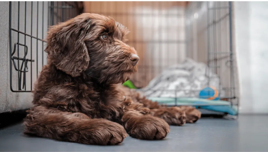 doodle dog in a crate