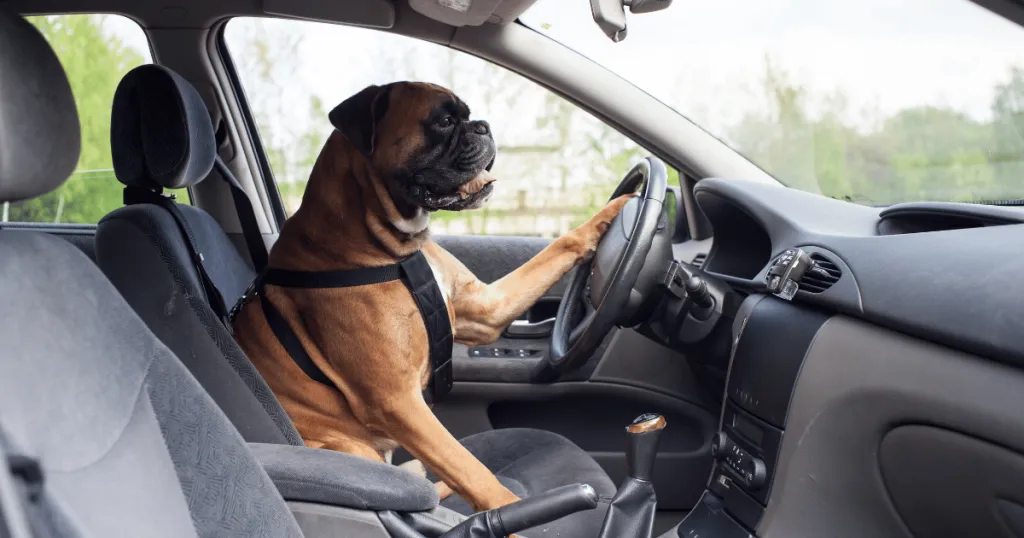 boxer type dog in the driving seat of a car